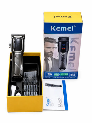 Kemei KM-1500 Professional Hair Clipper Kit  Cordless Men's Hair Trimmer with Smart LCD Display, High-Power Motor, Precision Adjusting Lever & Complete Guard Comb Set