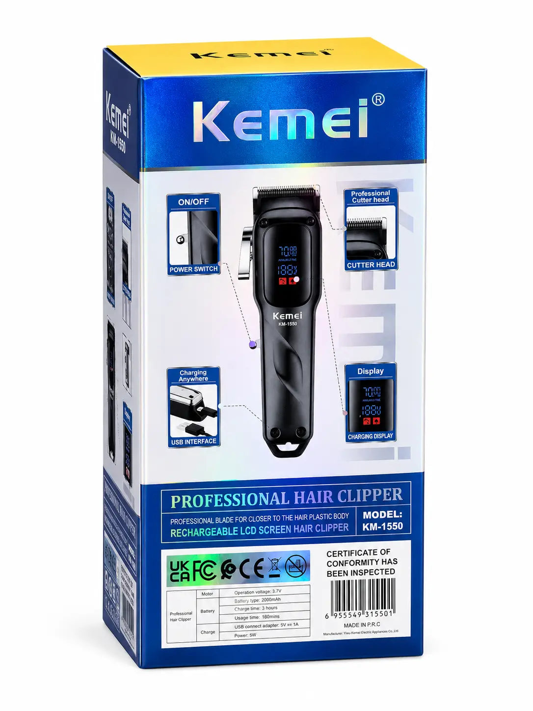 Kemei KM-1500 Professional Hair Clipper Kit  Cordless Men's Hair Trimmer with Smart LCD Display, High-Power Motor, Precision Adjusting Lever & Complete Guard Comb Set